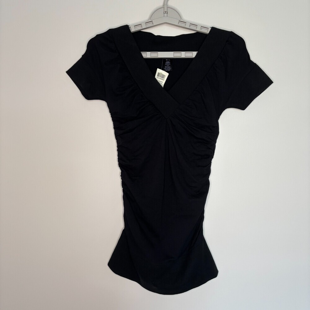 ARDEN B NEW Short Sleeve Glamour Rouch Tee Womens M/L Black Stretch Slimming